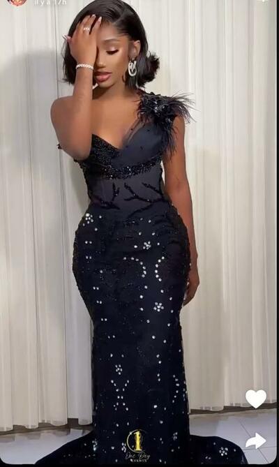 Black Beading Mermaid African Girls Prom Dresses Evening Formal Gown Beading Crystals Birthday Party Dress