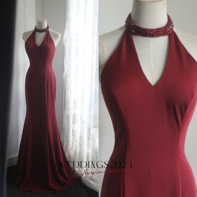 Halter crimson deep v-neck mermaid beaded formal dress party gown