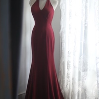 Halter Crimson Deep V-Neck Mermaid Beaded Formal Dress Party Gown - Thumbnail 1