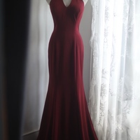 Halter Crimson Deep V-Neck Mermaid Beaded Formal Dress Party Gown - Thumbnail 3