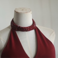 Halter Crimson Deep V-Neck Mermaid Beaded Formal Dress Party Gown - Thumbnail 6