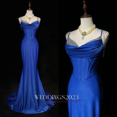 Royal blue elegant mermaid satin spaghetti strap long prom dress beaded formal evening gown