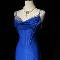 Royal Blue Elegant Mermaid Satin Spaghetti Strap Long Prom Dress Beaded Formal Evening Gown - Thumbnail 4