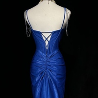 Royal Blue Elegant Mermaid Satin Spaghetti Strap Long Prom Dress Beaded Formal Evening Gown - Thumbnail 5