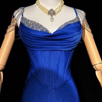 Royal Blue Elegant Mermaid Satin Spaghetti Strap Long Prom Dress Beaded Formal Evening Gown - Thumbnail 6