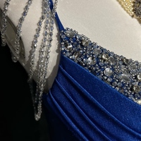 Royal Blue Elegant Mermaid Satin Spaghetti Strap Long Prom Dress Beaded Formal Evening Gown - Thumbnail 7