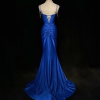 Royal Blue Elegant Mermaid Satin Spaghetti Strap Long Prom Dress Beaded Formal Evening Gown - Thumbnail 2