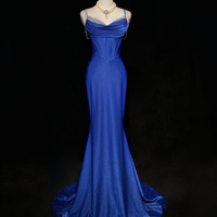 Royal Blue Elegant Mermaid Satin Spaghetti Strap Long Prom Dress Beaded Formal Evening Gown - Thumbnail 1