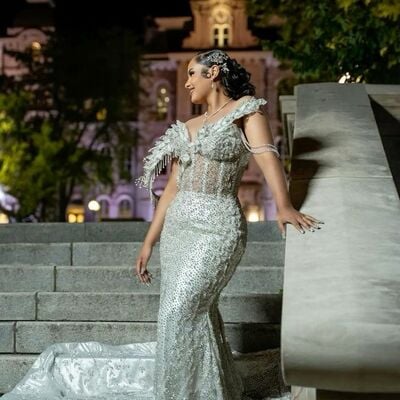 Silver sequins mermaid african girls prom dresses evening formal gown beading crystals birthday party dress