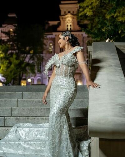 Silver Sequins Mermaid African Girls Prom Dresses Evening Formal Gown Beading Crystals Birthday Party Dress