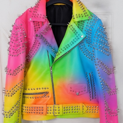 Crafted leather women rainbow silver studded punk rock gothic jacket 