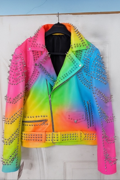 Crafted Leather Women Rainbow Silver Studded Punk Rock Gothic Jacket 