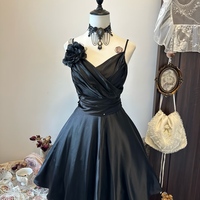 Black V-neck Sleeveless A-line Knee Length Dress with Handmade Flower Prom Dress - Thumbnail 2