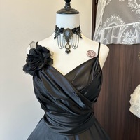 Black V-neck Sleeveless A-line Knee Length Dress with Handmade Flower Prom Dress - Thumbnail 4