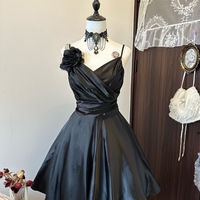 Black V-neck Sleeveless A-line Knee Length Dress with Handmade Flower Prom Dress - Thumbnail 5
