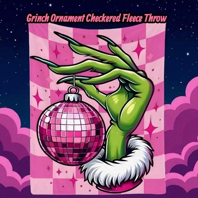 Grinch disco ball fleece blanket - pink retro christmas throw - party grinch hand - checkered aesthetic blanket | free ship