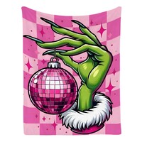 Grinch Disco Ball Fleece Blanket - Pink Retro Christmas Throw - Party Grinch Hand - Checkered Aesthetic Blanket | Free Ship - Thumbnail 1