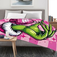 Grinch Disco Ball Fleece Blanket - Pink Retro Christmas Throw - Party Grinch Hand - Checkered Aesthetic Blanket | Free Ship - Thumbnail 2
