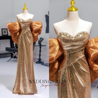 Gold pretty sequin dress - mermaid dress evening gown - strapless sequins evening gown with convertible sleeves plus size