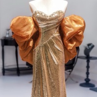 Gold Pretty Sequin Dress - Mermaid Dress Evening Gown - Strapless Sequins Evening Gown with Convertible Sleeves Plus Size - Thumbnail 5