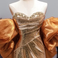 Gold Pretty Sequin Dress - Mermaid Dress Evening Gown - Strapless Sequins Evening Gown with Convertible Sleeves Plus Size - Thumbnail 1