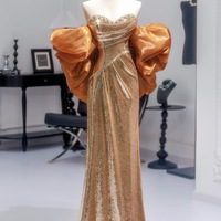 Gold Pretty Sequin Dress - Mermaid Dress Evening Gown - Strapless Sequins Evening Gown with Convertible Sleeves Plus Size - Thumbnail 2