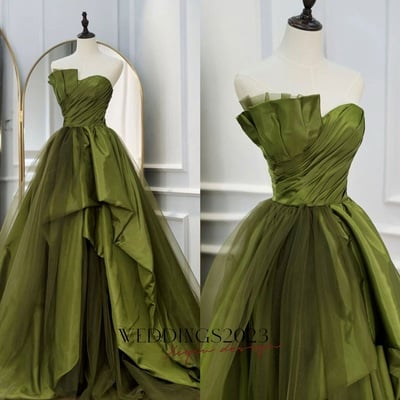 Green satin a-line strapless  tulle sweep train prom evening dresses