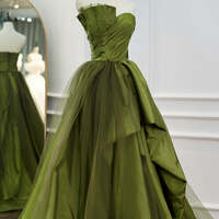 Green Satin A-Line Strapless  Tulle Sweep Train Prom Evening Dresses - Thumbnail 1