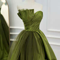 Green Satin A-Line Strapless  Tulle Sweep Train Prom Evening Dresses - Thumbnail 2
