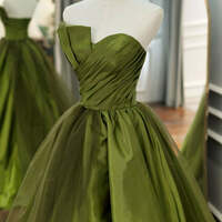 Green Satin A-Line Strapless  Tulle Sweep Train Prom Evening Dresses - Thumbnail 3