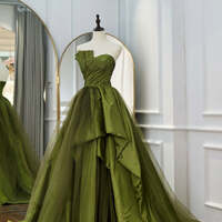 Green Satin A-Line Strapless  Tulle Sweep Train Prom Evening Dresses - Thumbnail 4