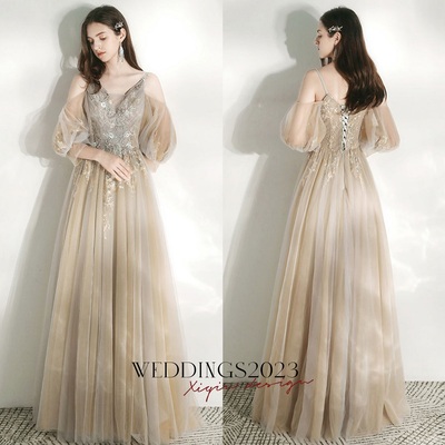 Champagne dancing prom dresses a-line / princess deep v-neck spaghetti straps puffy long sleeve beading sequins floor-length