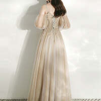 Champagne Dancing Prom Dresses A-Line / Princess Deep V-Neck Spaghetti Straps Puffy Long Sleeve Beading Sequins Floor-Length - Thumbnail 2