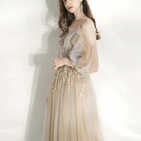 Champagne Dancing Prom Dresses A-Line / Princess Deep V-Neck Spaghetti Straps Puffy Long Sleeve Beading Sequins Floor-Length - Thumbnail 3