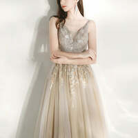 Champagne Dancing Prom Dresses A-Line / Princess Deep V-Neck Spaghetti Straps Puffy Long Sleeve Beading Sequins Floor-Length - Thumbnail 4