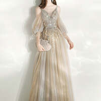 Champagne Dancing Prom Dresses A-Line / Princess Deep V-Neck Spaghetti Straps Puffy Long Sleeve Beading Sequins Floor-Length - Thumbnail 1