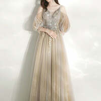 Champagne Dancing Prom Dresses A-Line / Princess Deep V-Neck Spaghetti Straps Puffy Long Sleeve Beading Sequins Floor-Length - Thumbnail 5