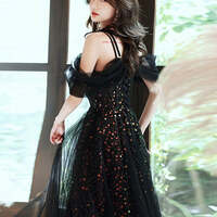 Black A-Line Long Prom Dresses, Black Formal Graduation Party - Thumbnail 1