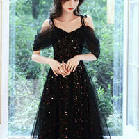 Black A-Line Long Prom Dresses, Black Formal Graduation Party - Thumbnail 2