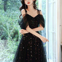 Black A-Line Long Prom Dresses, Black Formal Graduation Party - Thumbnail 3