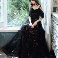 Black A-Line Long Prom Dresses, Black Formal Graduation Party - Thumbnail 4
