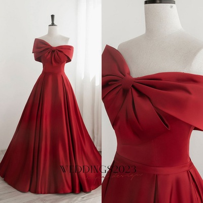 Red sweetheart long prom party dress, red formal dress with bow