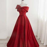 Red Sweetheart Long Prom Party Dress, Red Formal Dress with Bow - Thumbnail 4