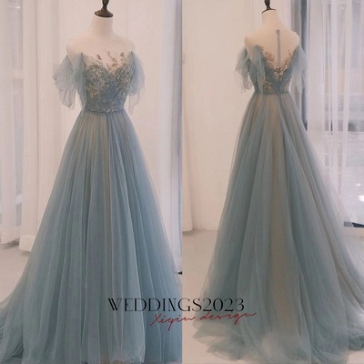 Gray Tulle illusion O-neck Beading Pleat Short Sleeves A-line Floor Length Train Plus size Women Party Gown Evening Dress