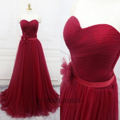 Burgundy Bridesmaid Dress,A-Line Sweetheart Neck Burgundy Long Prom Dress