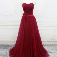 Burgundy Bridesmaid Dress,A-Line Sweetheart Neck Burgundy Long Prom Dress - Thumbnail 1