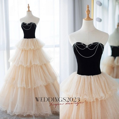 Champagne strapless tulle long prom dress, beautiful formal evening dress