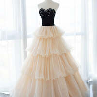 Champagne Strapless Tulle Long Prom Dress, Beautiful Formal Evening Dress - Thumbnail 4