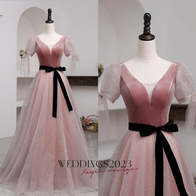 Pink formal dresses,a-line pink tulle velvet long prom dress