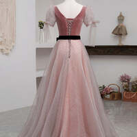 Pink Formal Dresses,A-Line Pink Tulle Velvet Long Prom Dress - Thumbnail 1